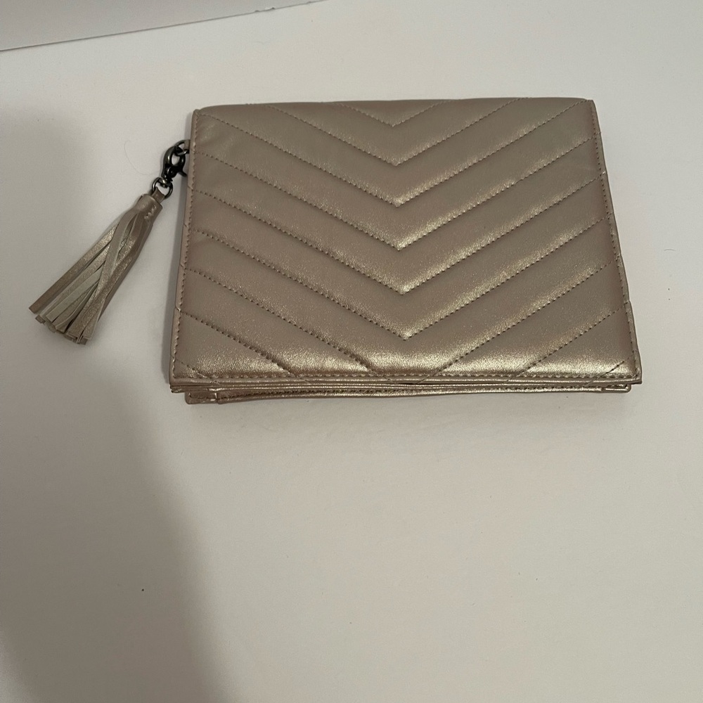 Neiman Marcus Quilted Leather Clutch Bag, Metallic Pewter